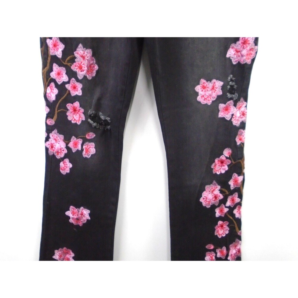Manfinity Cherry Blossom Embroidered Stacked Jeans Womens Black Denim Size 28 - Picture 3 of 9